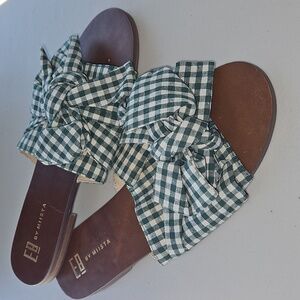 MIISTA E8 Women's Green Checkered Slide Sandals Size 38